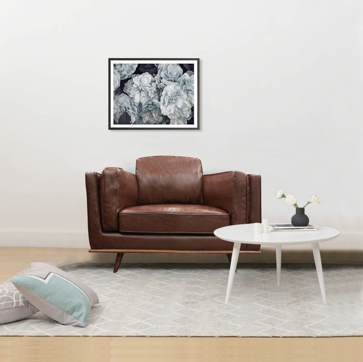 Single Seater Armchair Faux Leather Modern Accent Chair in Brown with Wooden Frame