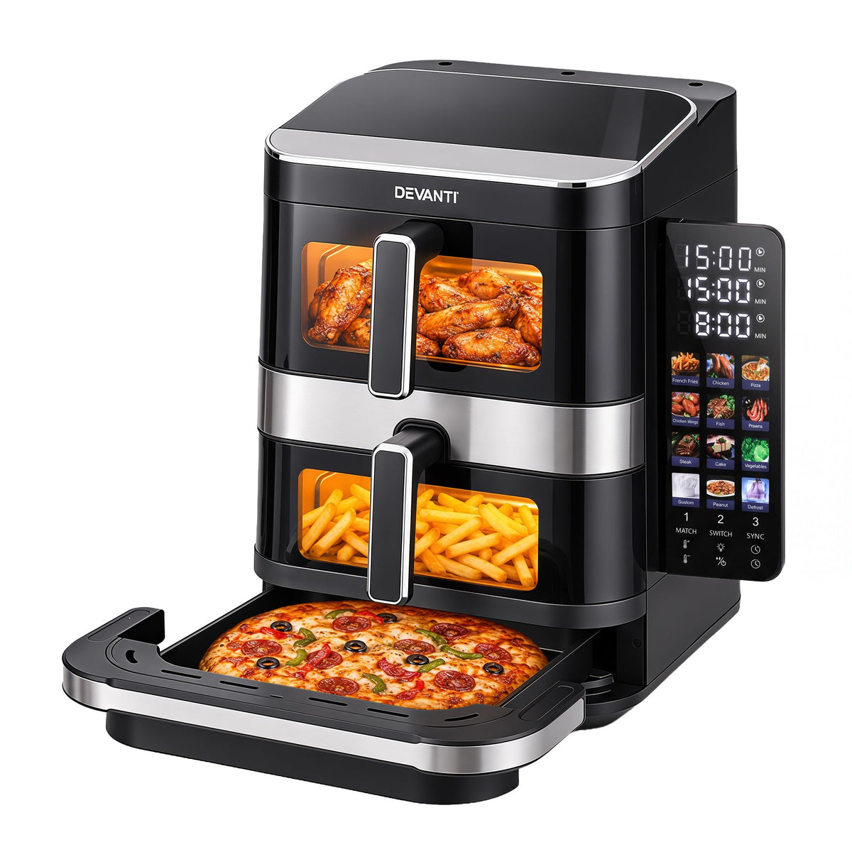 Devanti 12L Air Fryer Dual Basket Stacked 10 Inch Pizza Maker 2800W Touch Black