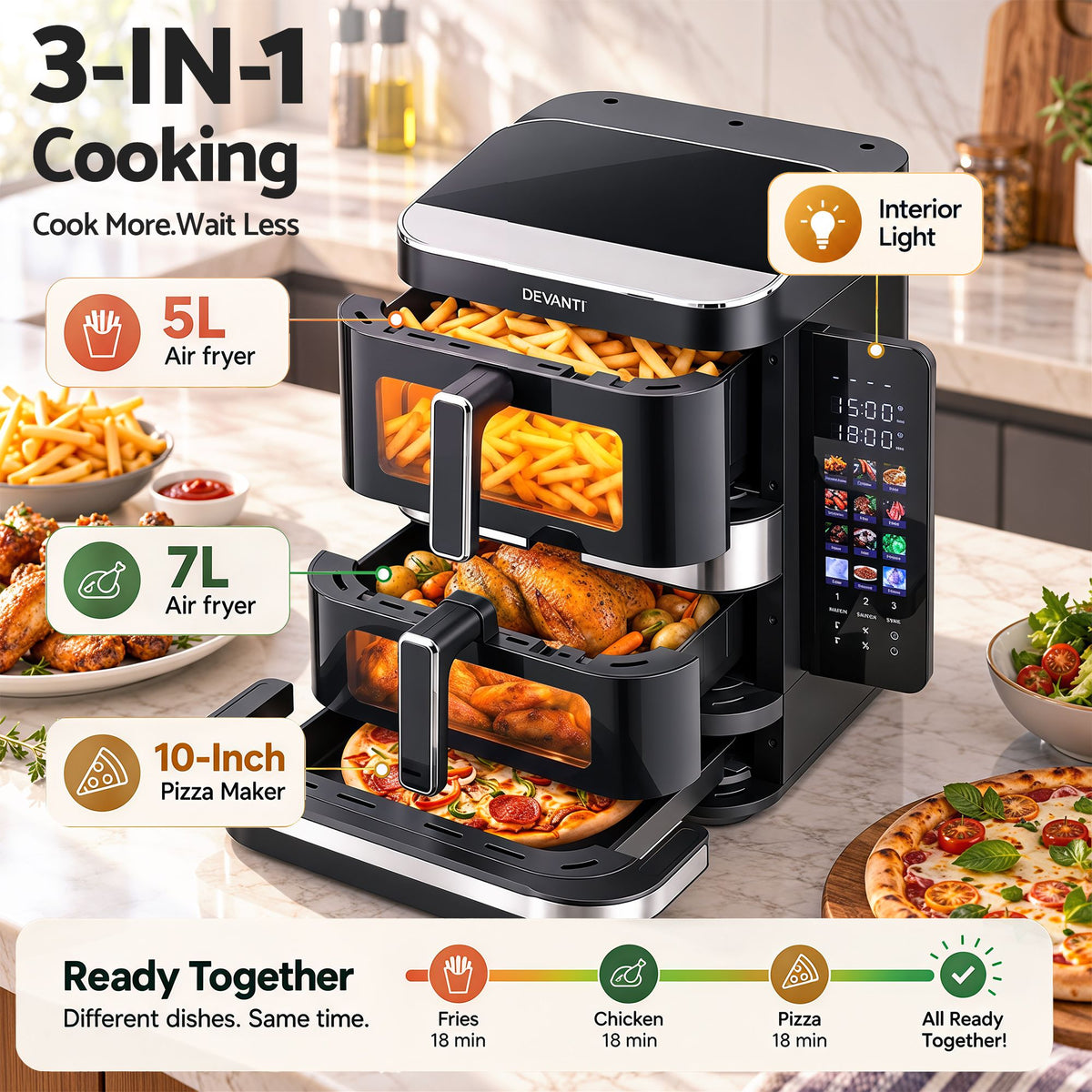 Devanti 12L Air Fryer Dual Basket Stacked 10 Inch Pizza Maker 2800W Touch Black