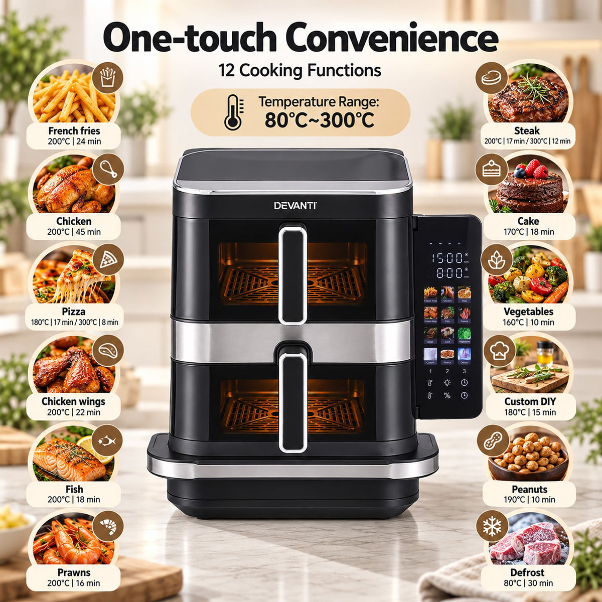 Devanti 12L Air Fryer Dual Basket Stacked 10 Inch Pizza Maker 2800W Touch Black