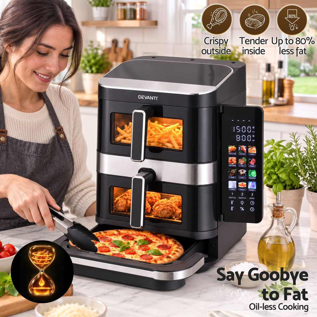 Devanti 12L Air Fryer Dual Basket Stacked 10 Inch Pizza Maker 2800W Touch Black