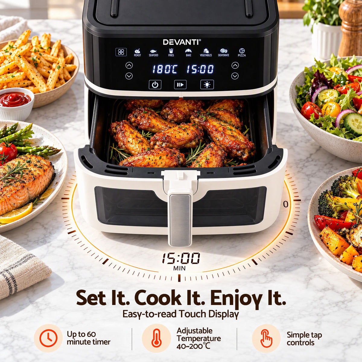 Devanti 8L Air Fryer BBQ Grill 2-in-1 Flip 1650W Touch Control Oil Free White