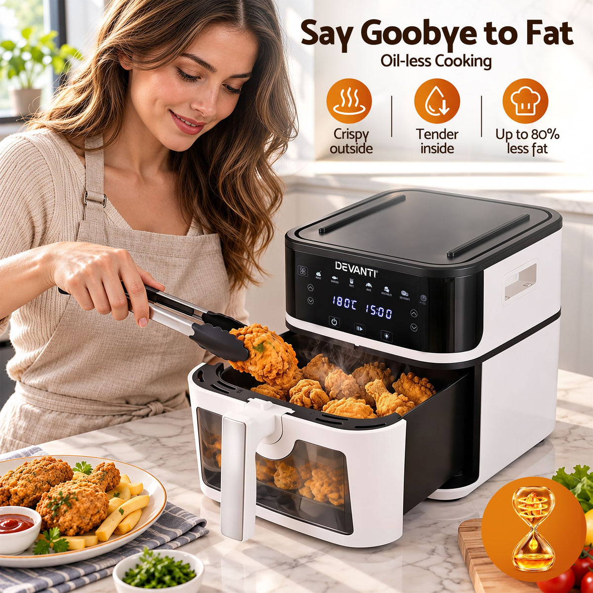 Devanti 8L Air Fryer BBQ Grill 2-in-1 Flip 1650W Touch Control Oil Free White