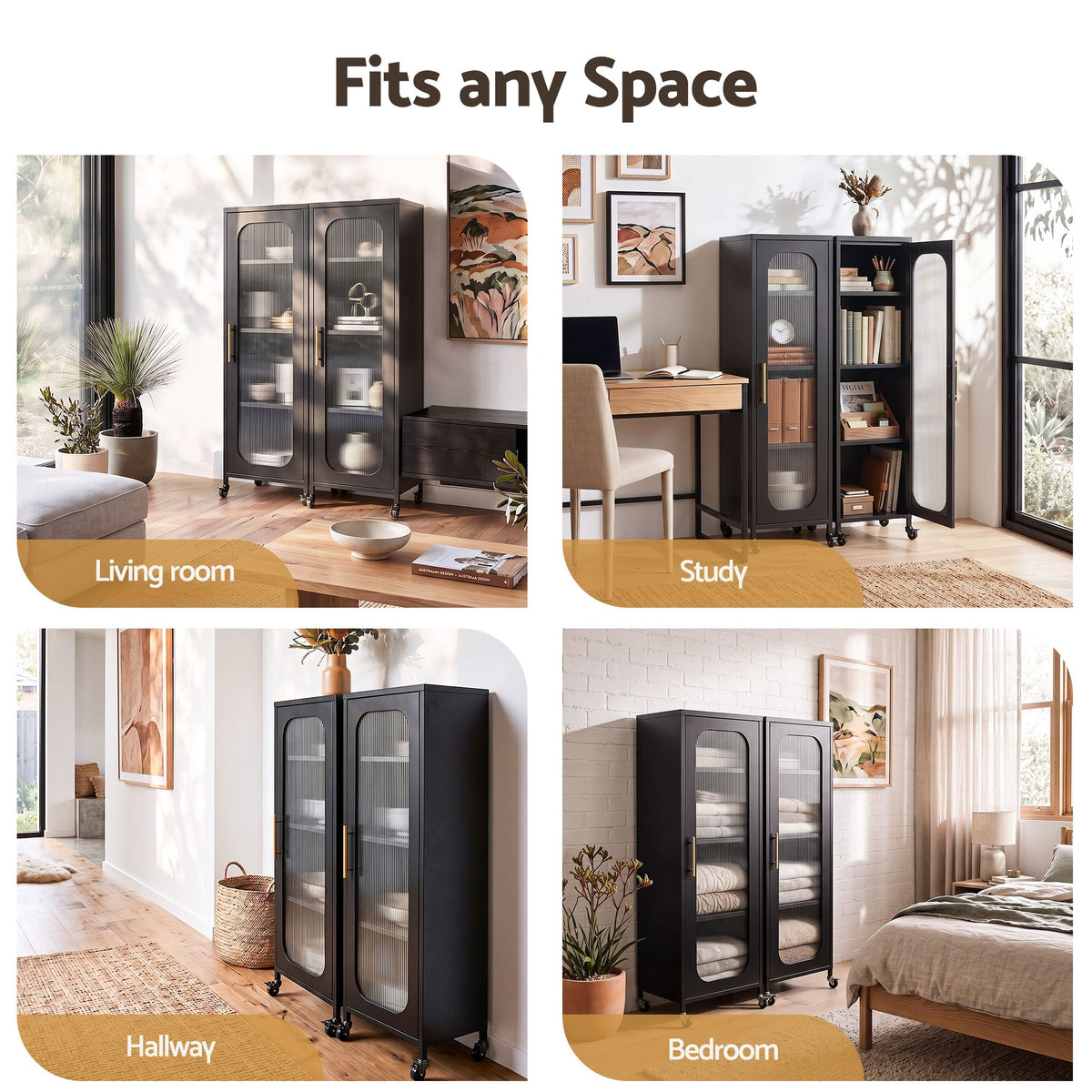 Artiss Buffet Cabinet Sideboard X2 Slim Kitchen Storage Trolley Wheels Black