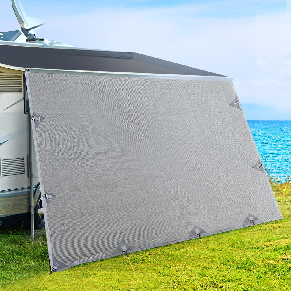 Caravan Privacy Screen Roll Out Awning 4.9x1.95M End Wall Side Sun Shade Grey