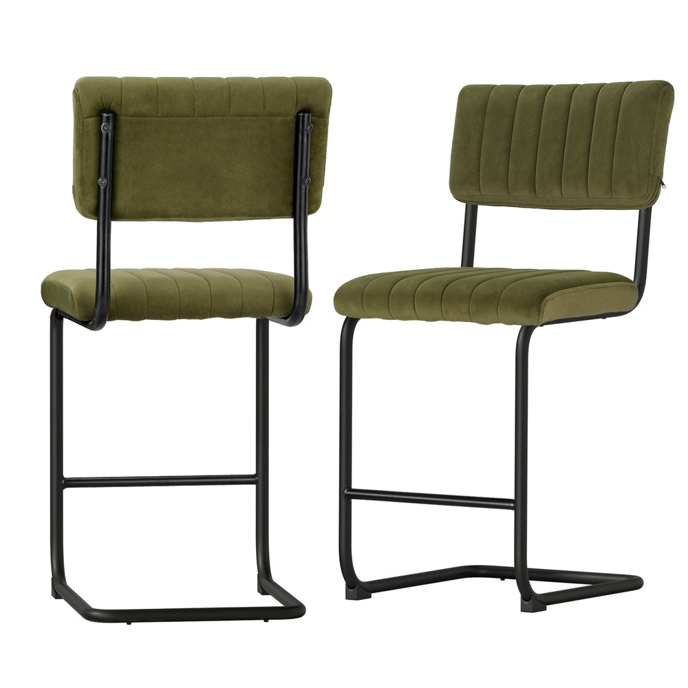 2x Bar Stools C Legged Soft Velvet Green & Black