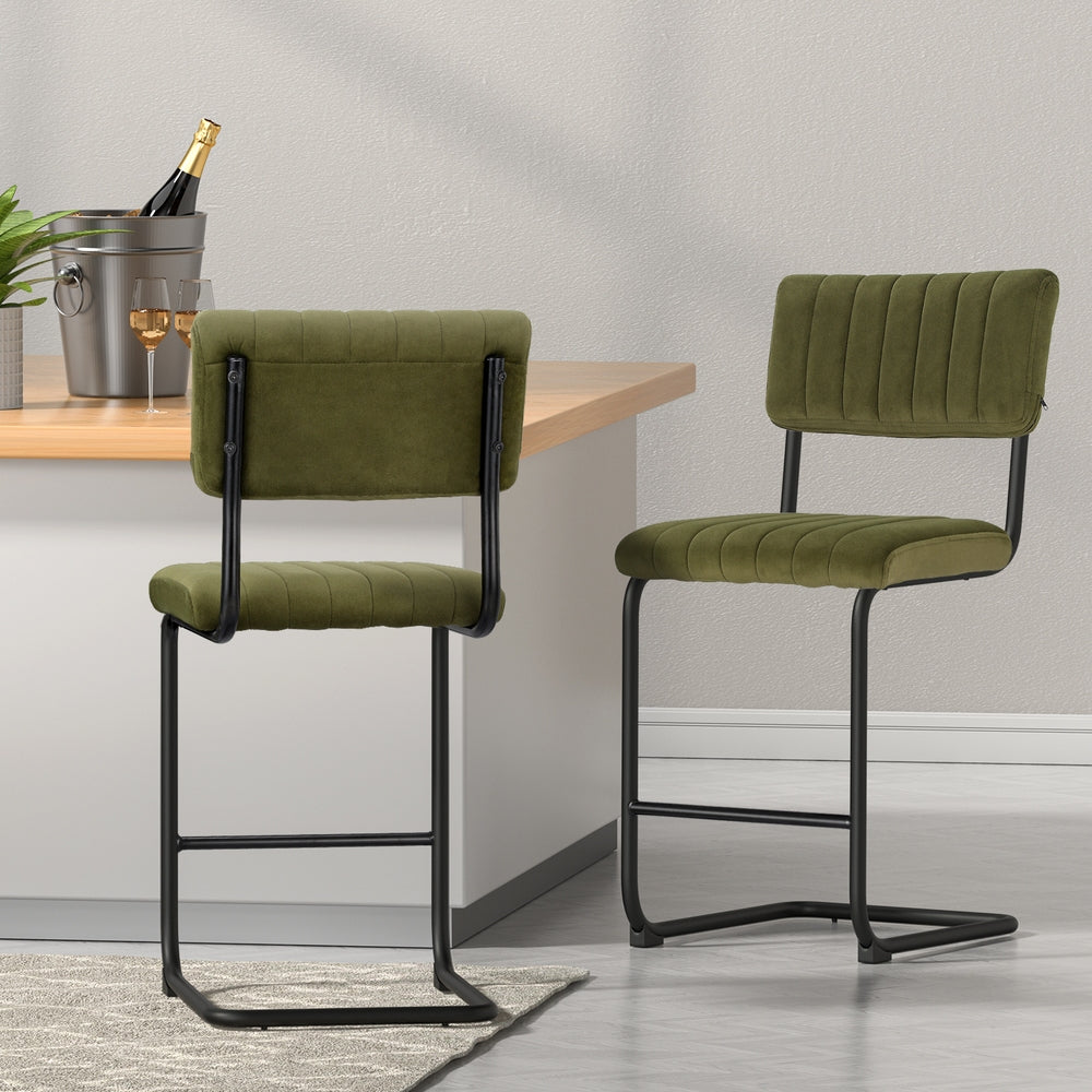 2x Bar Stools C Legged Soft Velvet Green & Black