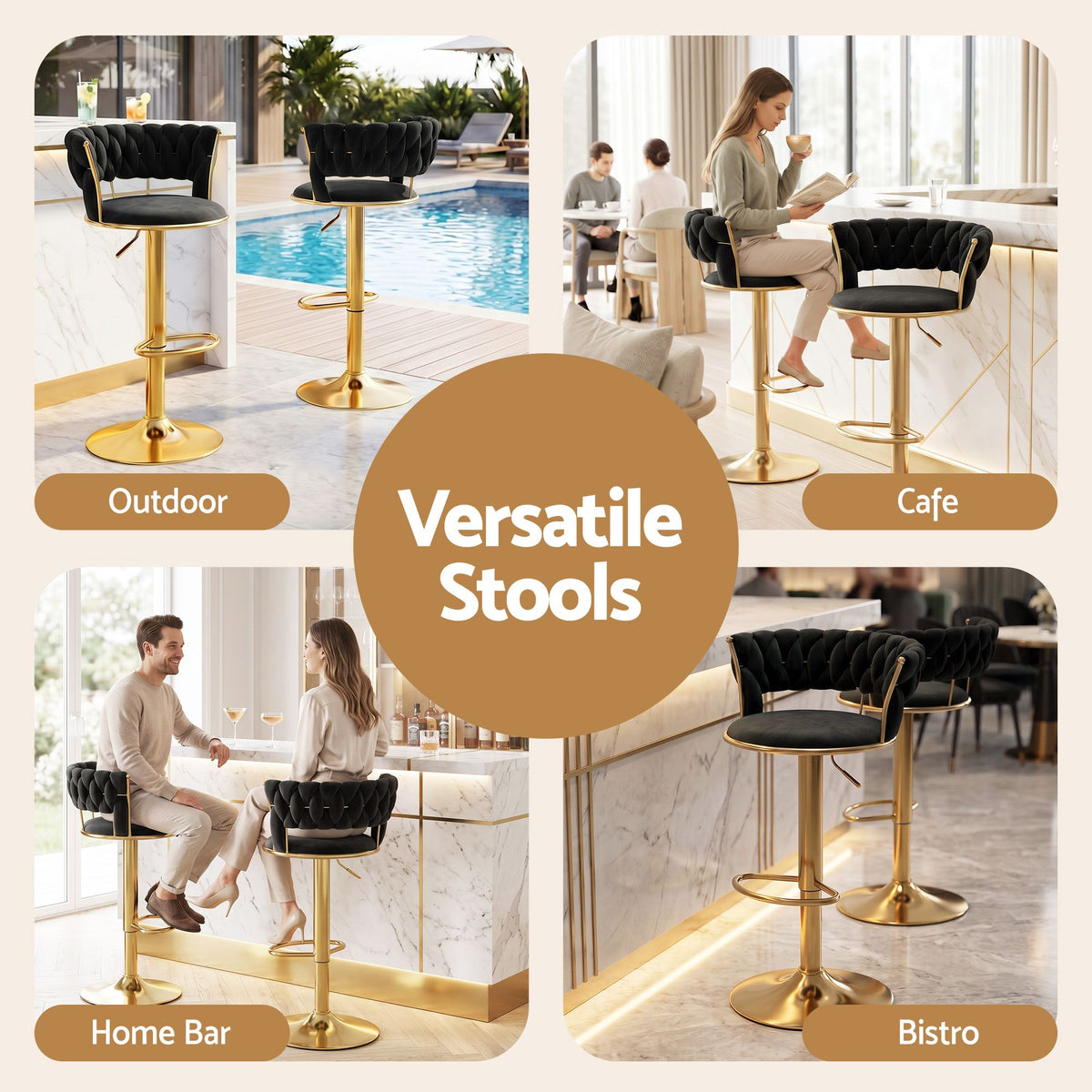 Artiss 4x Bar Stools Gas Lift Adjustable Velvet Woven Backrest Vivien Black
