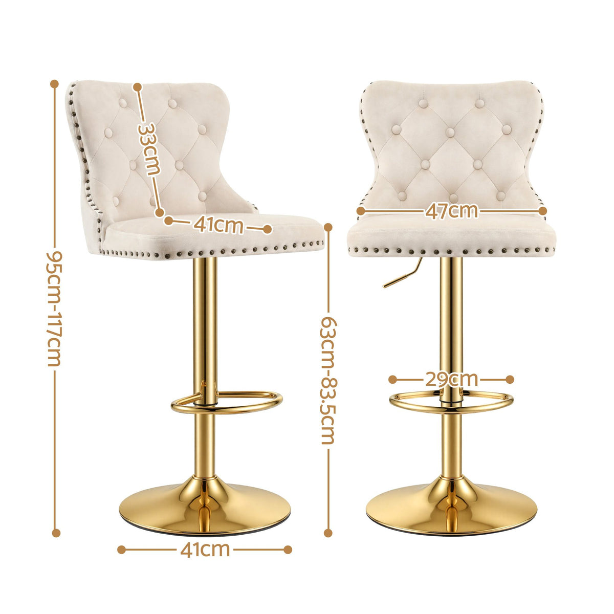 Artiss 1x Bar Stool Counter Chair Kitchen Adjustable Nailhead Trim Velvet Ivory