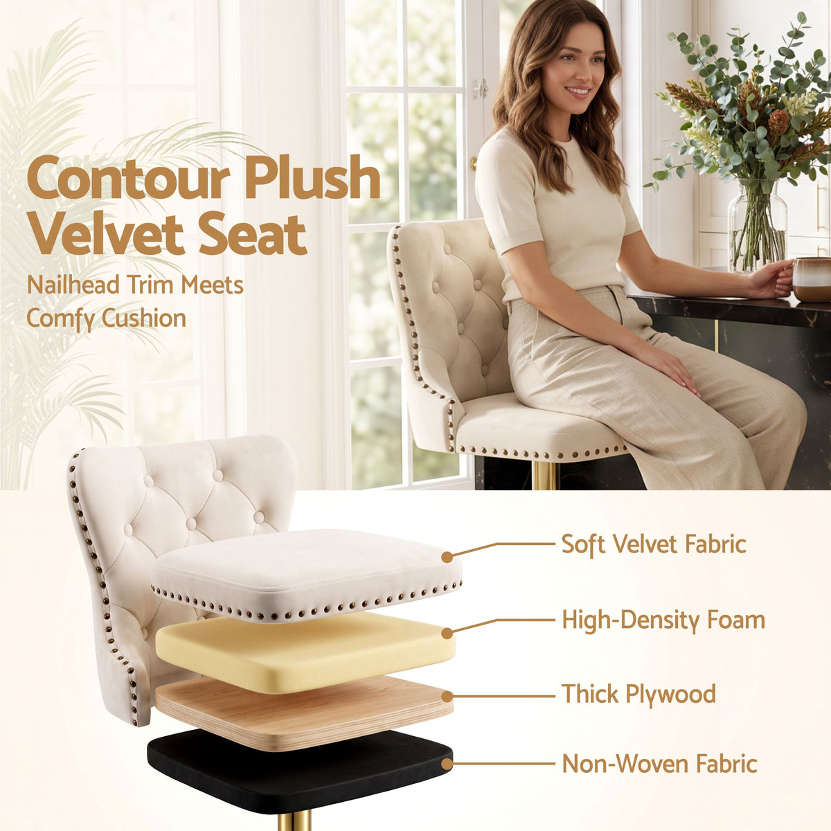Artiss 3x Bar Stools Counter Chair Kitchen Adjustable Nailhead Trim Velvet Ivory