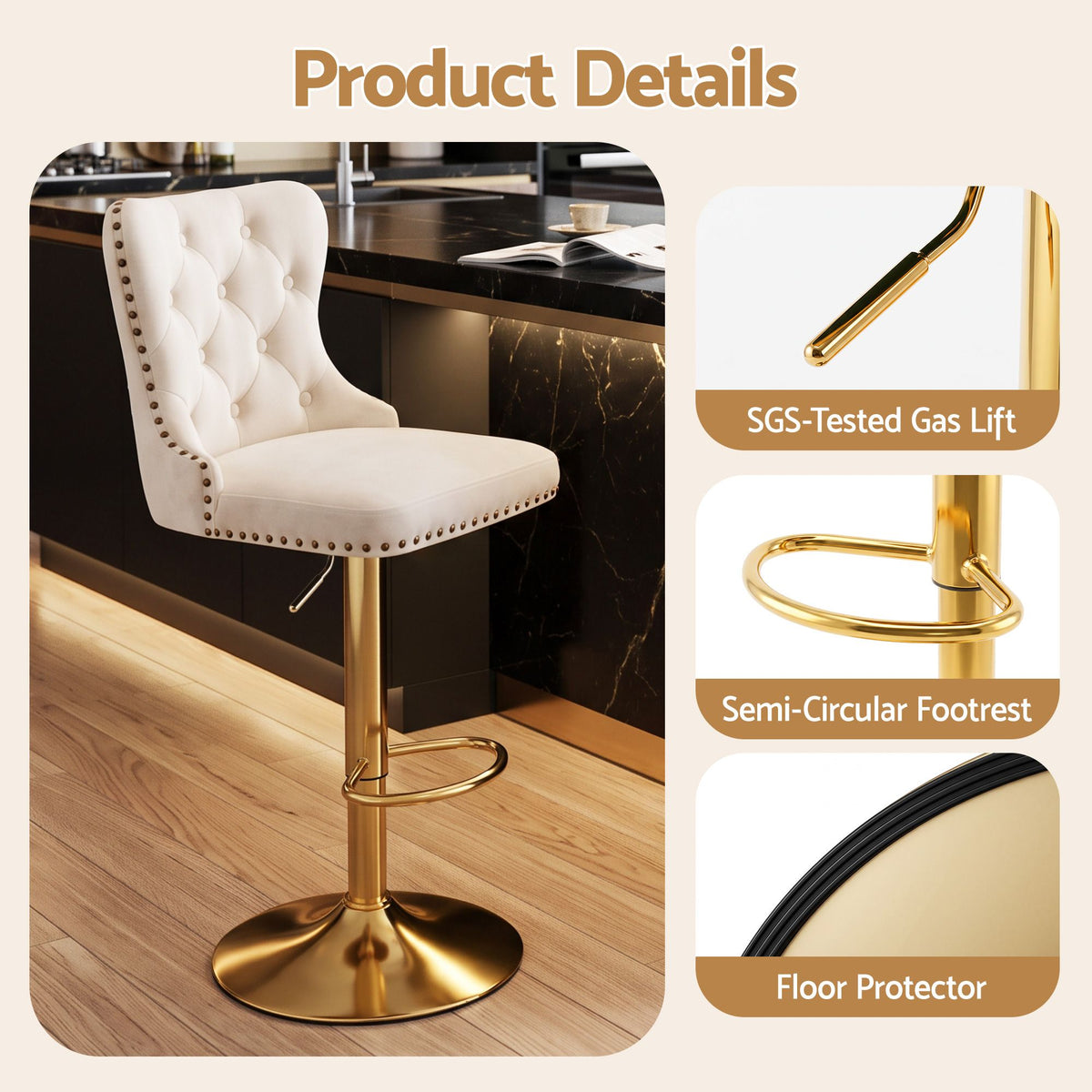 Artiss 3x Bar Stools Counter Chair Kitchen Adjustable Nailhead Trim Velvet Ivory