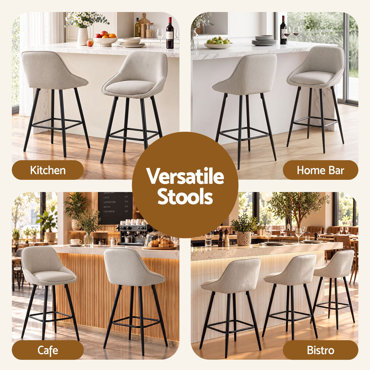 Artiss Bar Stools Set of 4 Linen Upholstered Counter Chairs with Back Padded Seat Beige