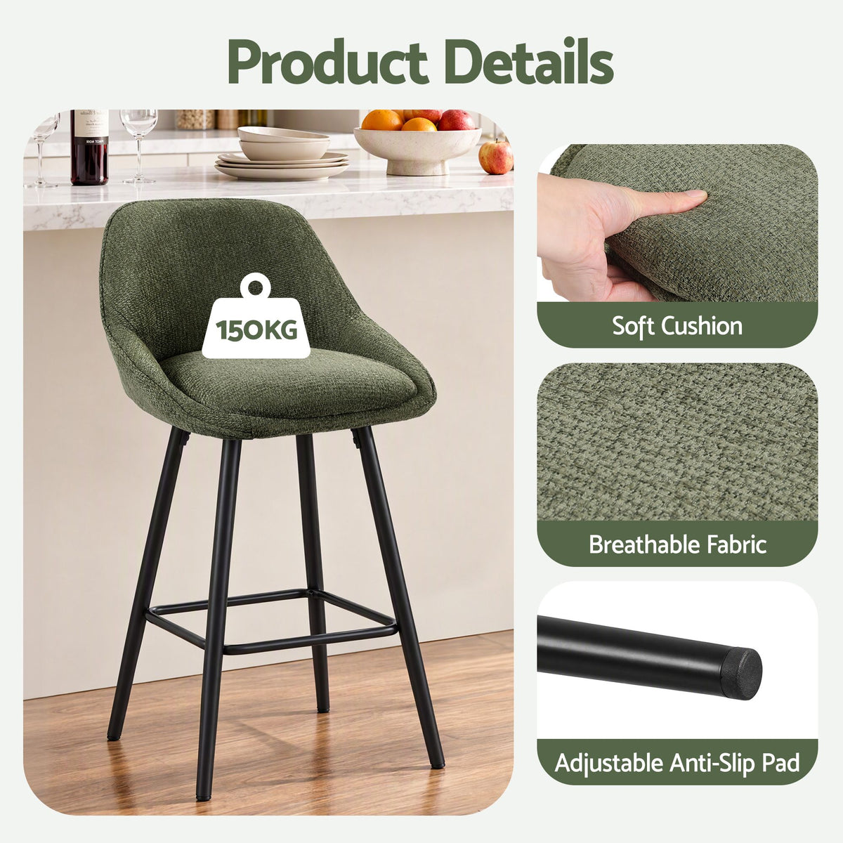 Artiss Bar Stools Set of 4 Linen Upholstered Counter Chairs with Back Padded Seat Green