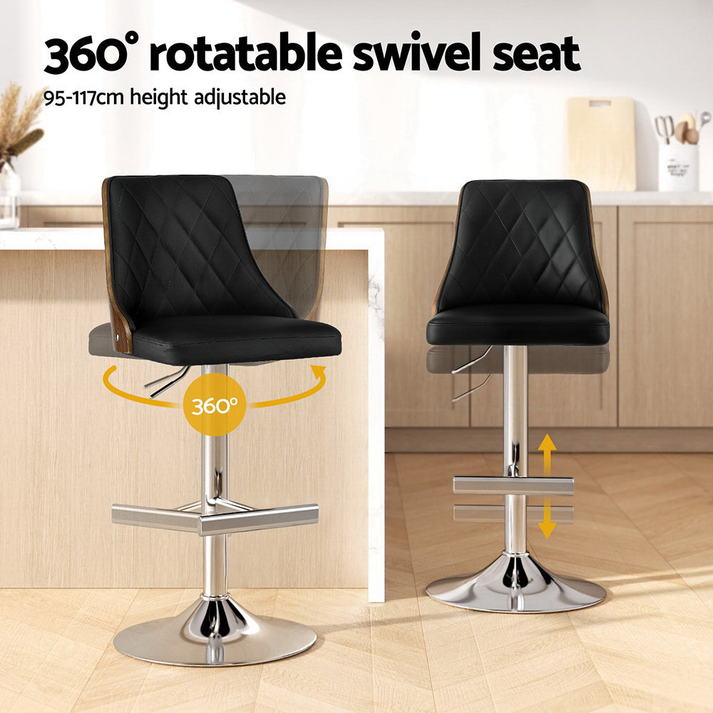 Artiss 2X Bar Stool Wood Swivel Adjustable Kitchen Counter Stool Leather Black