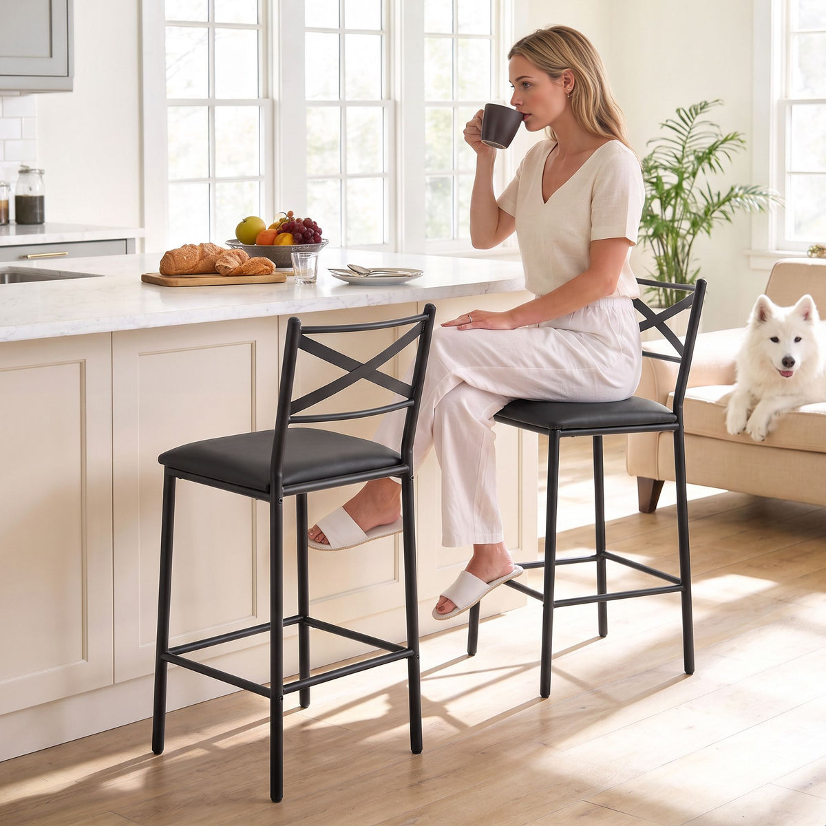 Artiss Bar Stools Set of 2 Counter 66cm Height Stools with Backrest, PU Cushioned Seat, Black