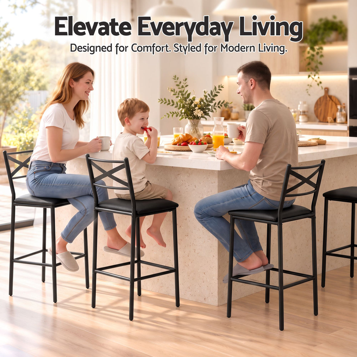 Artiss Bar Stools Set of 4 Counter 66cm Height Stools with Backrest, PU Cushioned Seat, Black