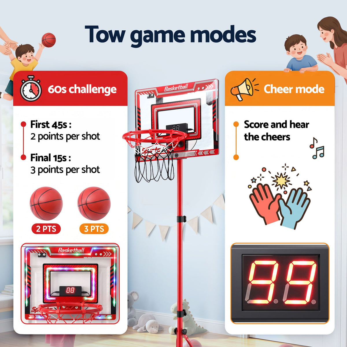 Everfit 2 in 1 Kids Basketball Hoop Adjustable Stand Over Door Scoreboard Red