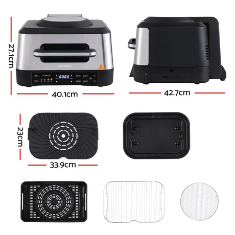 Devanti 5-in-1 Electric BBQ Grill Air Fryer, 2200W 8L Smart Thermometer