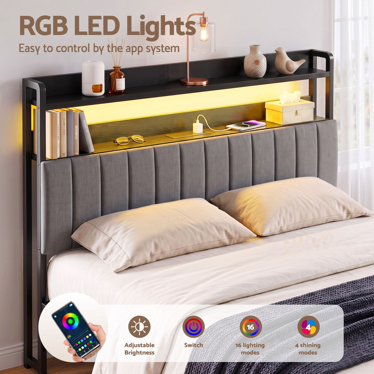 Artiss King Headboard Charging Station Storage LED Light Grey Upholstered