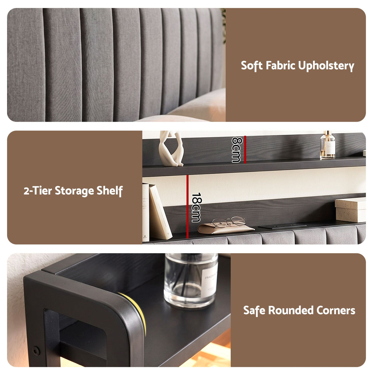 Artiss Queen Headboard Charging Station Storage LED Light Grey Upholstered
