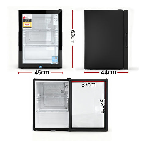 Devanti 56L Bar Fridge Glass Door Mini Fridge Countertop Cooler Black
