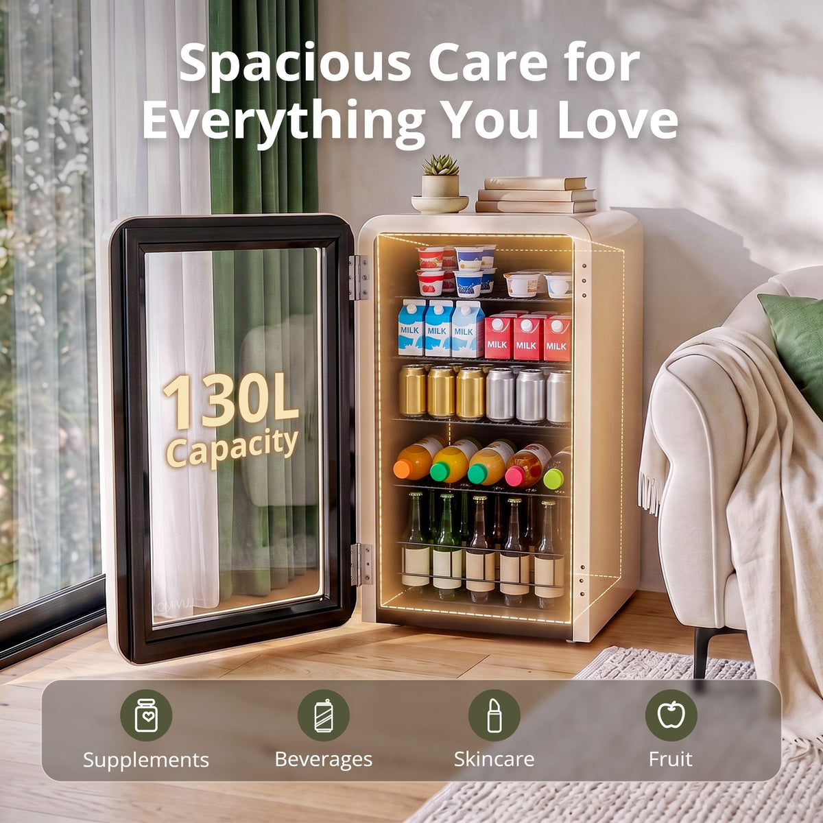 LUVIMO 130L Bar Fridge Mini Refrigerator Glass Door Aesthetics Cooler