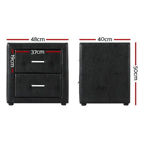Artiss 2X Bedside Table 2 Drawers Side Table Leather - CADEN Black