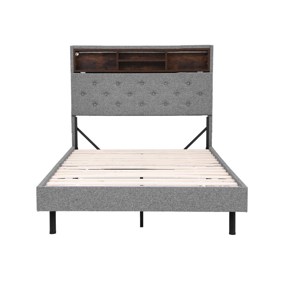 Artiss Bed Frame King Single Size LED Mattress Base Platform with Storage Shelf Hidden Storage Box Grey