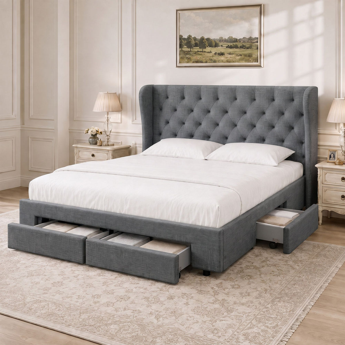 Ember Bed Frame King Size with 4 Drawers Charcoal MILA