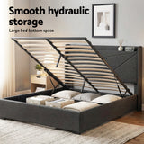 Artiss Double Bed Frame Gas Lift Storage Bed with Charging Ports Upholstered Geometric Headboard Charcoal Grey