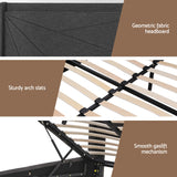 Artiss King Bed Frame Gas Lift Storage Bed with Charging Ports Upholstered Geometric Headboard Charcoal Grey