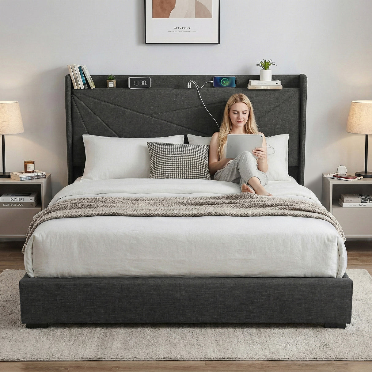 Artiss King Bed Frame Gas Lift Storage Bed with Charging Ports Upholstered Geometric Headboard Charcoal Grey