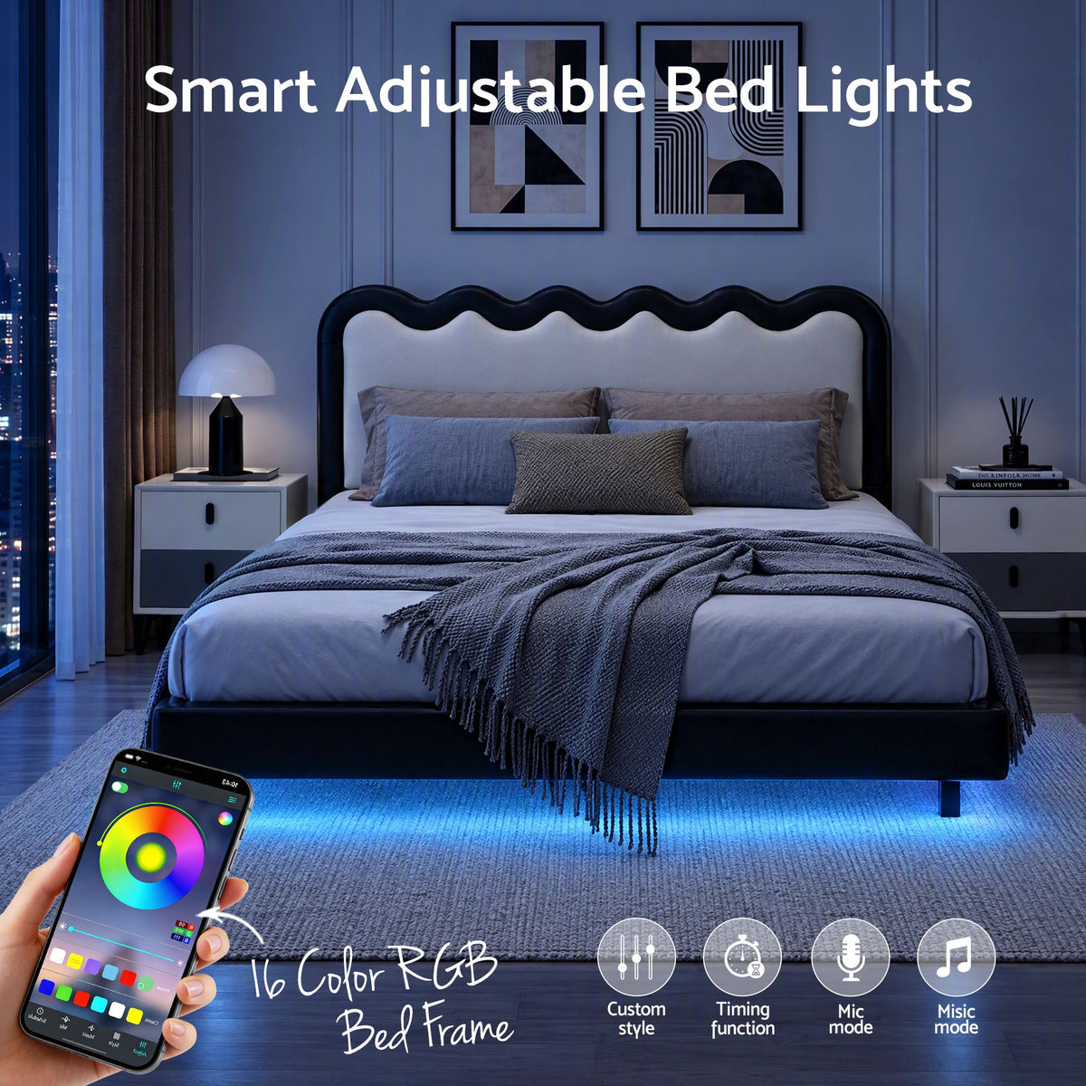 Artiss Double Bed Frame, Floating Design with RGB LED and USB Charging