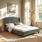 Artiss Double Bed Frame with Wingback Headboard Grey Linen Upholstered Platform Bed Base