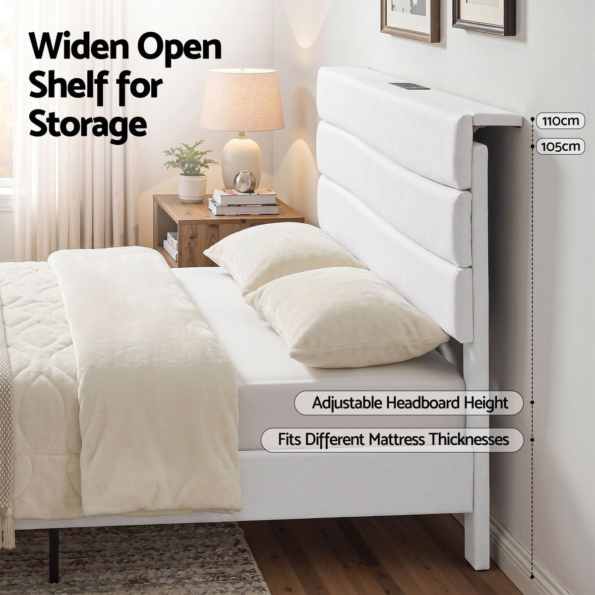 Artiss Double Bed Frame with Adjustable Headboard Platform Base Linen Fabric Charging Ports