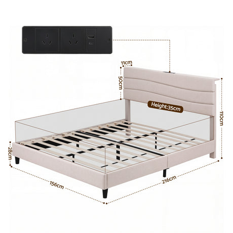 Artiss Queen Bed Frame with Storage Adjustable Headboard Platform Base Linen Fabric Charging Ports
