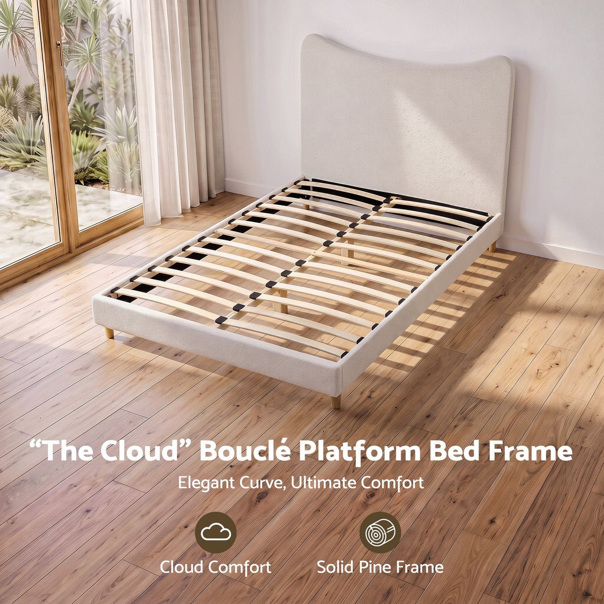 Artiss Double Bed Frame with Boucle Headboard, Beige, 300kg Capacity