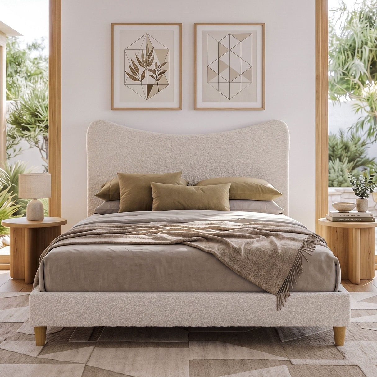 Artiss Double Bed Frame with Boucle Headboard, Beige, 300kg Capacity