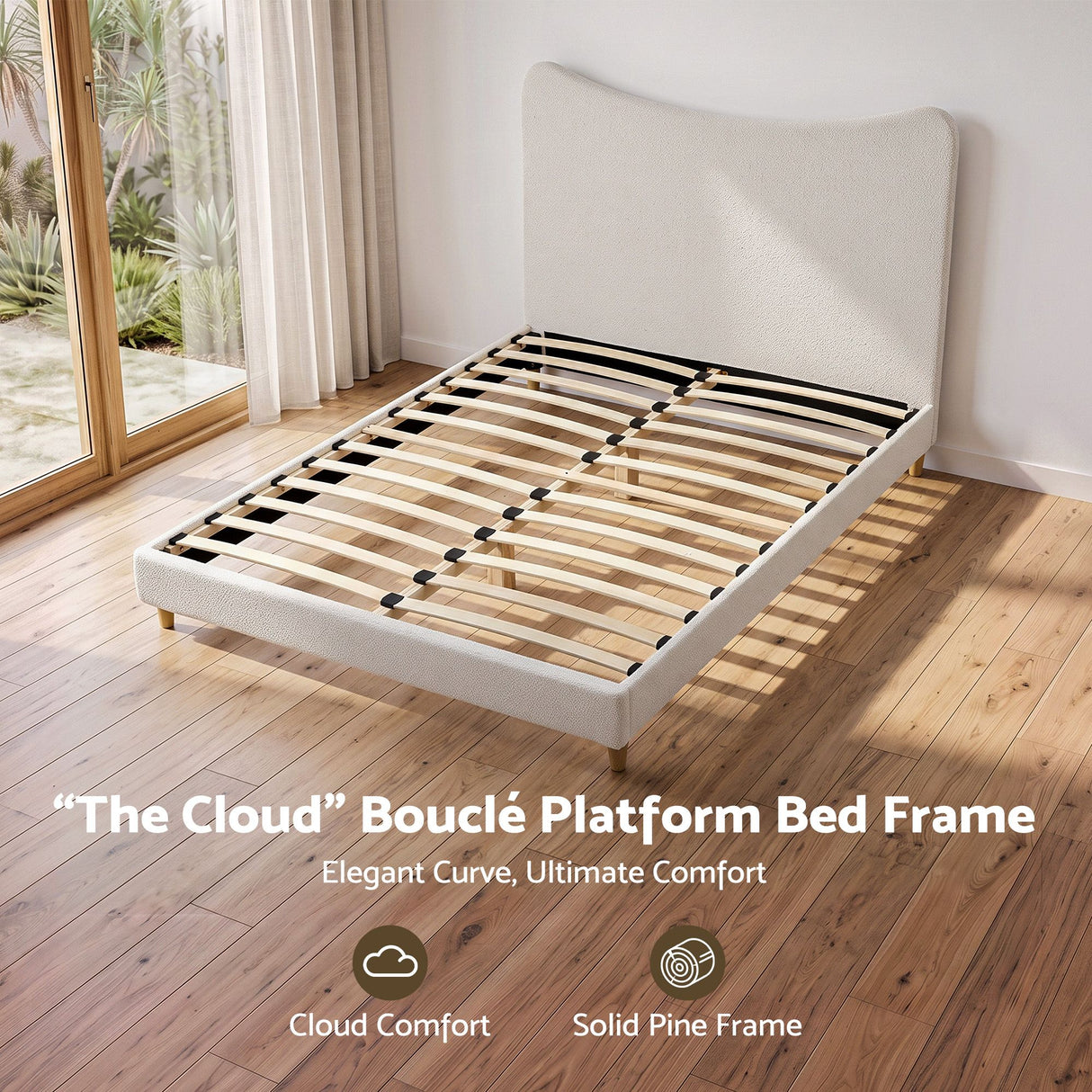 Artiss Queen Bed Frame with Boucle Headboard, Beige, 300kg Capacity