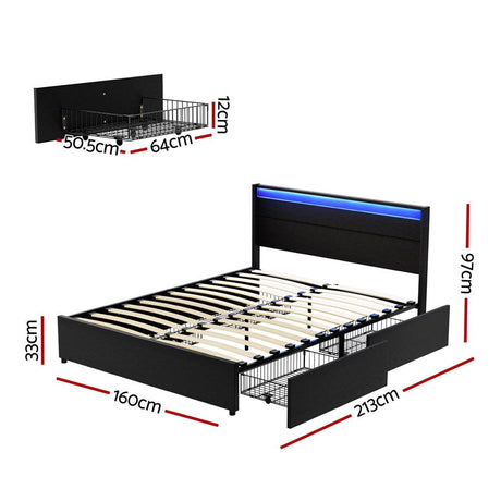Artiss Bed Frame Queen Size LED with 4 Drawers Black DUNN