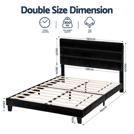 Artiss Double Bed Frame Upholstered Platform Base with Geometric Headboard Black Velvet