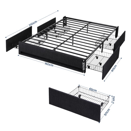 Artiss Queen Bed Frame with Storage Drawers RGB Lights Charging Station Upholstered Fabric
