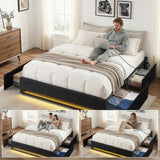 Artiss Queen Bed Frame with Storage Drawers RGB Lights Charging Station Upholstered Fabric