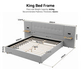 Artiss King Bed Frame with Wide Headboard, Floating Shelves and USB Grey