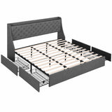 Artiss King Bed Frame with 4 Storage Drawers and Charging Station Tufted Wingback Headboard 300kg Loads Charcoal Grey