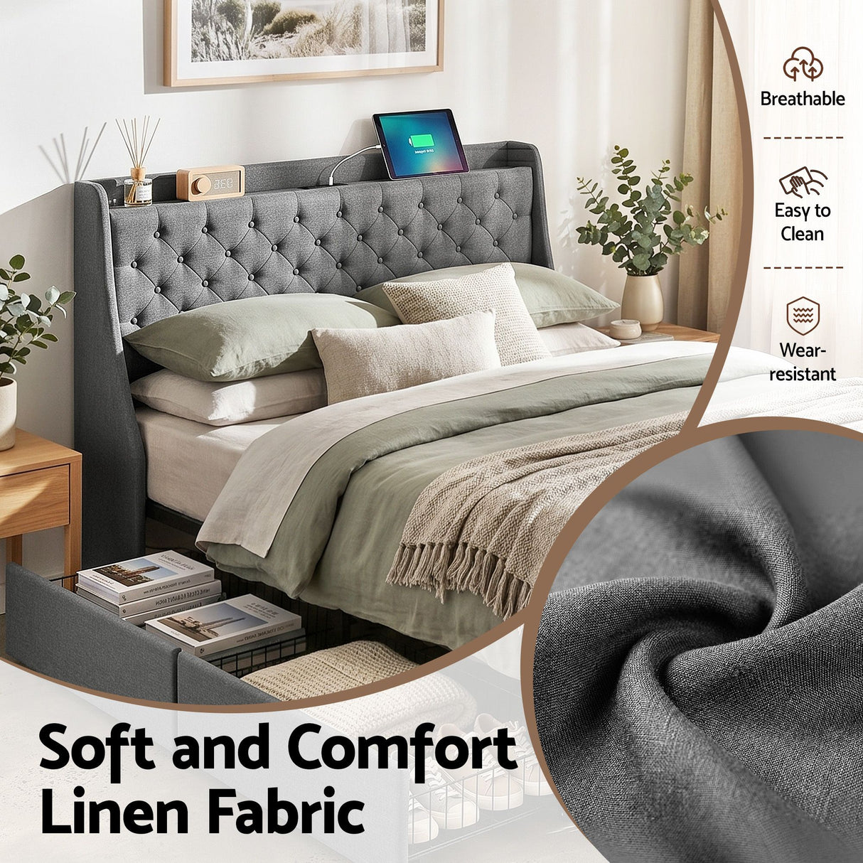 Artiss Queen Bed Frame with 4 Storage Drawers and Charging Station Tufted Wingback Headboard 300kg Loads Charcoal Grey