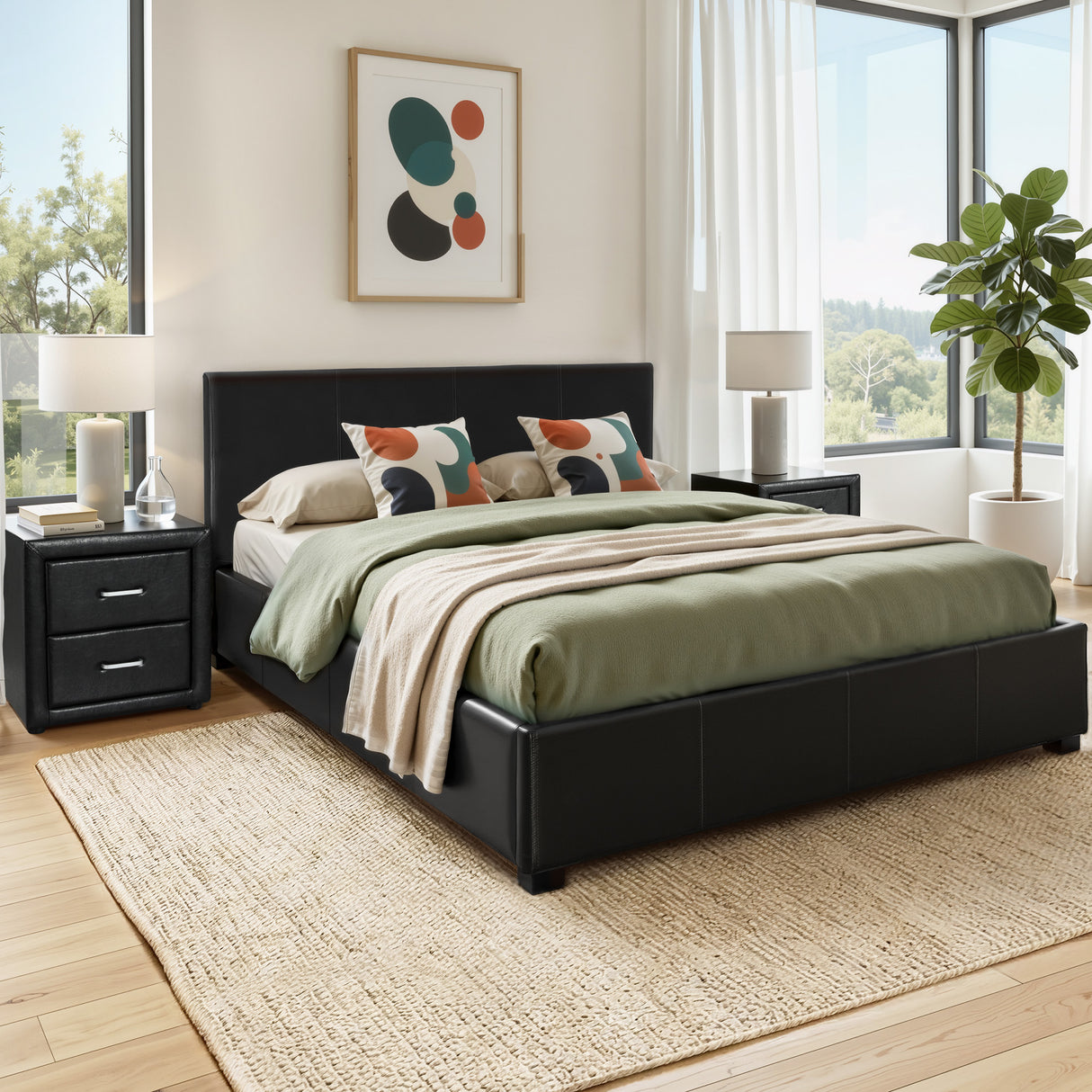 Artiss Gas Lift Queen Bed Frame and Bedside Table Set Leather Black