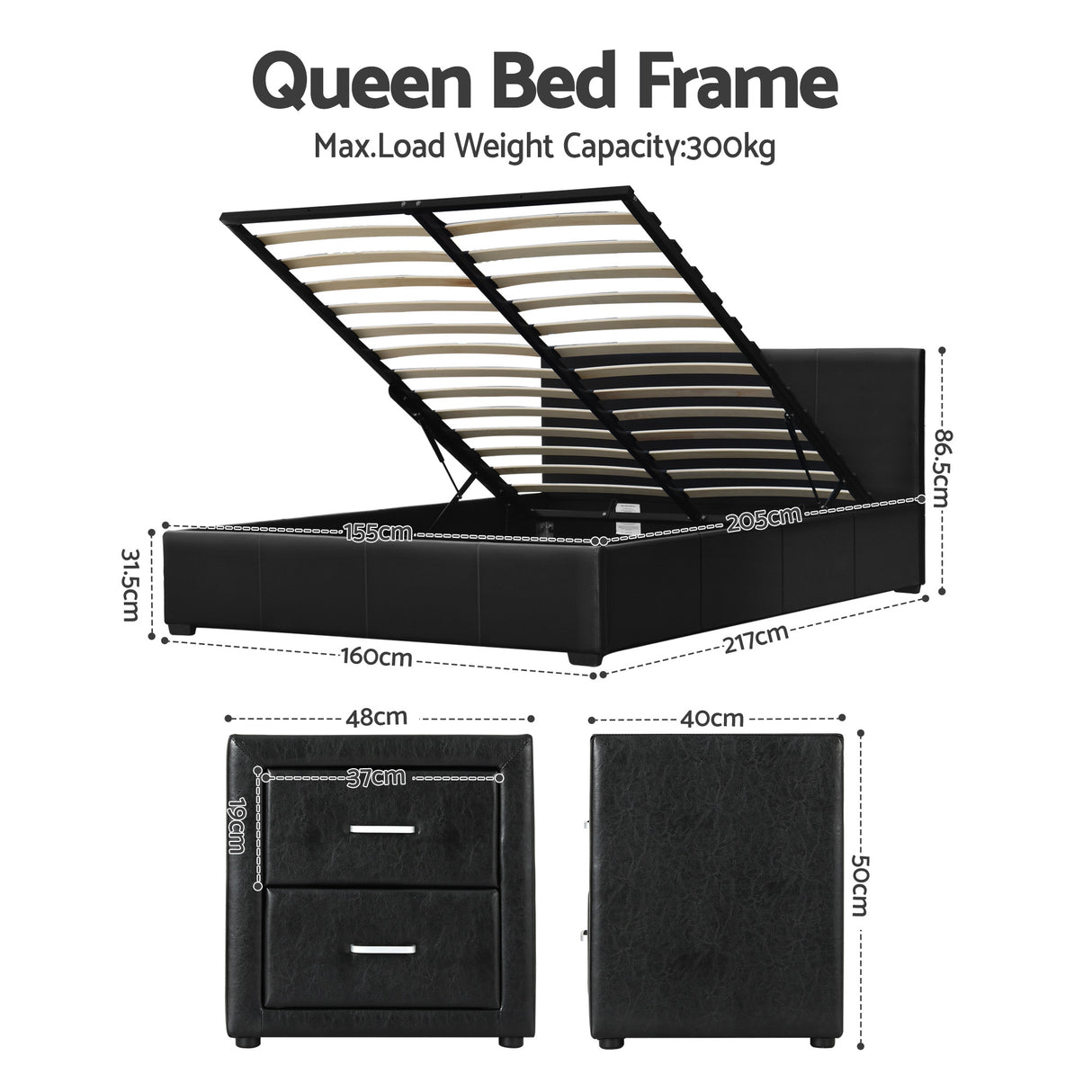 Artiss Gas Lift Queen Bed Frame and Bedside Table Set Leather Black