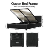 Artiss Gas Lift Queen Bed Frame and Bedside Table Set Leather Black