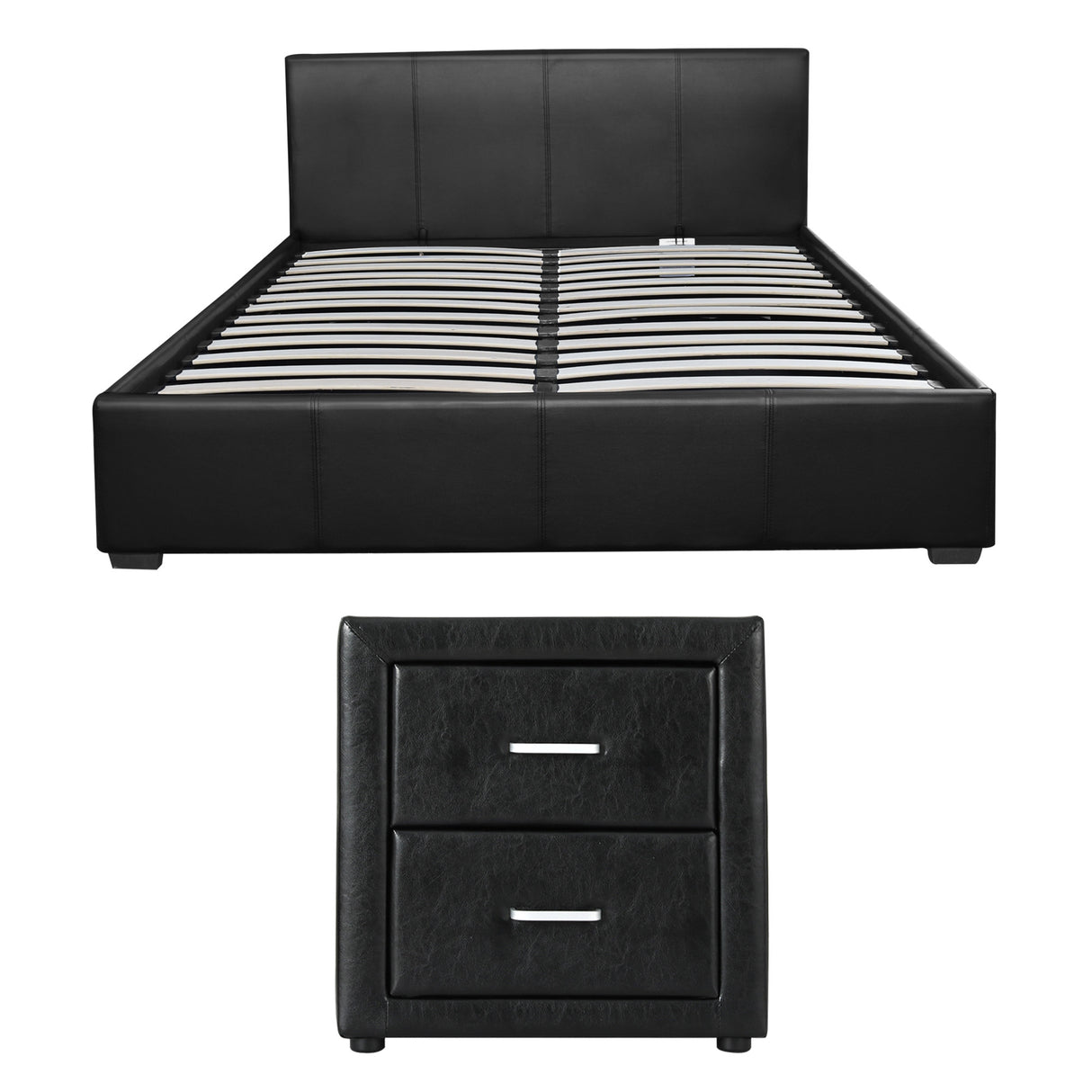 Artiss Gas Lift Queen Bed Frame and Bedside Table Set Leather Black